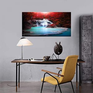 LevvArts Large Waterfall Canvas Wall Art Red Tree Fall Forest Landscape Picture Canvas Print Nature Artwork Painting for Home Kitchen Living Room Wal