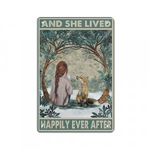 Vintage Tin Sign Girl Metal Poster Fox Metal Tin Signs Fox Little Girl and She Lived Happily Ever After Funny Poster Retro Metal Logo Poster Home Kit