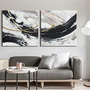 MOUODEWO 100% Hand-Painted Art Oil Painting, Canvas Bedroom Wall Mural, Black And White Gray Abstract Painting Art, 2 Pieces Bedroom/Kitchen/Living R