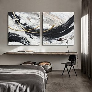 MOUODEWO 100% Hand-Painted Art Oil Painting, Canvas Bedroom Wall Mural, Black And White Gray Abstract Painting Art, 2 Pieces Bedroom/Kitchen/Living R