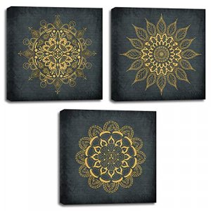 KLVOS 3 Pieces Boho Wall Art Bathroom Gold Mandala Framed Paintings Pictures Vintage Flower Canvas Prints Bohemia Artwork for Bedroom Yoga Spa Home D