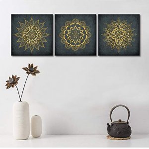 KLVOS 3 Pieces Boho Wall Art Bathroom Gold Mandala Framed Paintings Pictures Vintage Flower Canvas Prints Bohemia Artwork for Bedroom Yoga Spa Home D