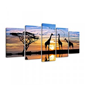 Pyradecor 5 Piece Modern Stretched African Landscape Canvas Prints Animals Sunset Artwork Pictures Paintings on Canvas Wall Art for Living Room Bedro