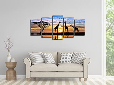Pyradecor 5 Piece Modern Stretched African Landscape Canvas Prints Animals Sunset Artwork Pictures Paintings on Canvas Wall Art for Living Room Bedro