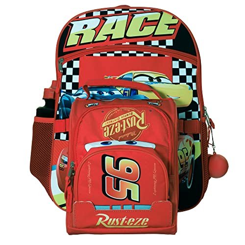 Disney Cars Boys Lightning McQueen Backpack with Lunch Bag Water Bottle 5 Piece Set 16 inch, Boy's, Red