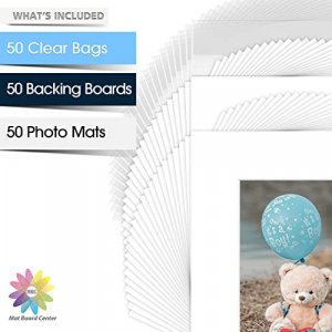 Mat Board Center, 8x10 Picture Mat Sets for 5x7 Photo. Includes A Pack of 50 White Core Bevel Pre-Cut White Core Matte & 50 Backing Board & 50 Clear