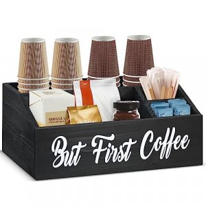 Wood Coffee Station Organizer Countertop Storage Box, Coffee Pod Holder K Cup Organizer Basket, Coffee Mug Holder Coffee Bar Organizer Box Coffee Bar