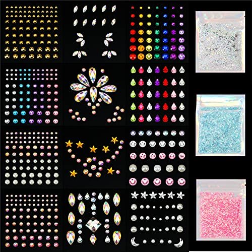 Face Gems Eye Jewels Rhinestones Stickers, 4 Sheets Small Face