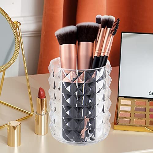Funtygy Acrylic Makeup Brush Holder Organizer, Clear Pencil Pen Holder,  Crystal Cosmetics Brushes Cup Storage Solution, Round