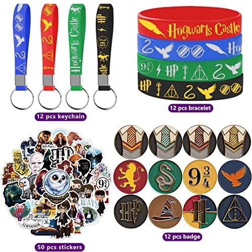  JHGCCL 86PCS Harry Birthday Party Supplies Favors, Wizard  Potter Gifts Include 12 Bracelets,12 Key Chains,12 Button Pins, 50  Stickers, Wizard School Theme Party Gifts Favors