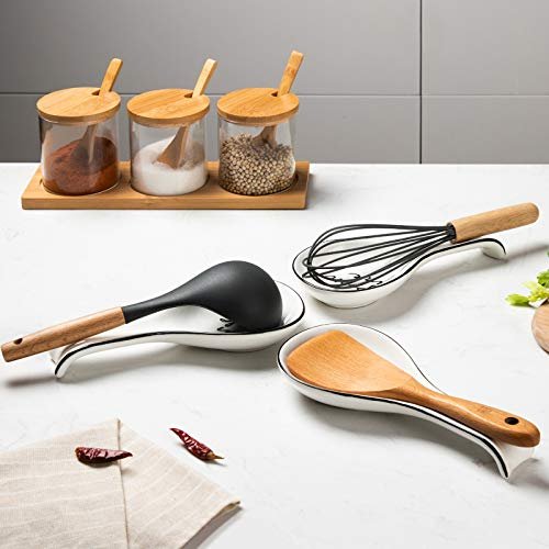 MyGift Set of 2 Ceramic Spoon Rest, Upright Ladle Holder Ceramic Dish with  Silver Stainless Steel Rack