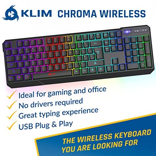 Klim Chroma Wireless Gaming Keyboard RGB - Long-Lasting Rechargeable  Battery - Quick and Quiet Typing - Water Resistant Backlit Wireless  Keyboard for