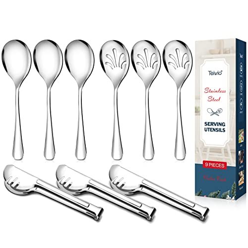 Stainless Steel Metal Serving Utensils - Large Set of 9-10 Serving Spoons,  10 Slotted Spoons, and 9 Serving Tongs by Teivio (Silver)