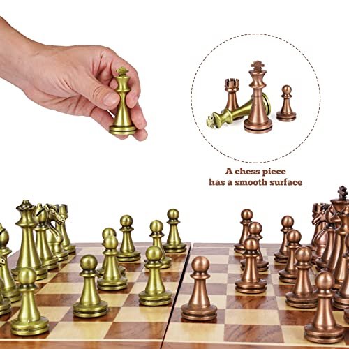 Agirlgle Retro Metal Chess Set with Folding Wooden Chess Board and