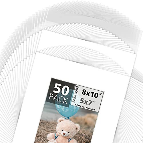 Mat Board Center, 8x10 Picture Mat Sets for 5x7 Photo. Includes A Pack of 50 White Core Bevel Pre-Cut White Core Matte & 50 Backing Board & 50 Clear