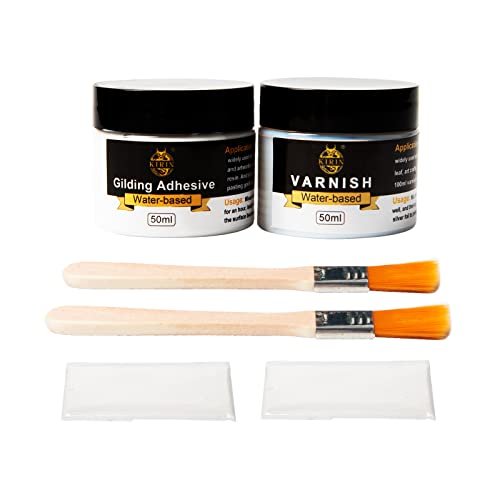 Gilding Adhesive Kit, 100ml Gold Leaf Adhesive and Water Based Varnish, Gold Leaf Glue for Professional Craft, Arts, Wood Use with 2 Brushes and 2