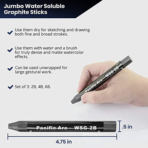 Pacific Arc Jumbo Water Soluble Graphite Sticks Set of 3, Soft 2B, 4B, 6b