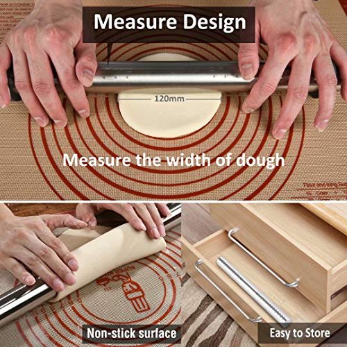 Adjustable Rolling Pin with Thickness Rings for Baking -Non Stick Stainless  Steel Dough Roller Pin with Bands for Cookie,Wood,Wooden and Bread (Grey