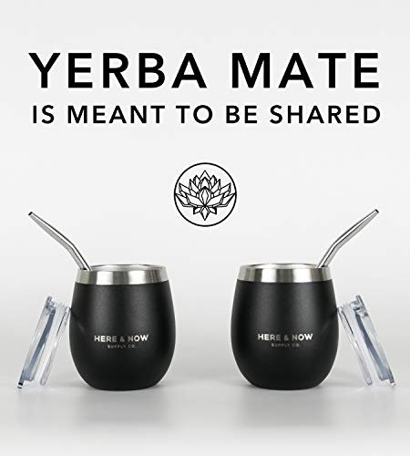 Here & Now Yerba Mate Cup and Bombilla Set, 2 Mate Gourds, Spill Resistant  Lids, & Mate Straws, Bombilla Brush & Pouch Included