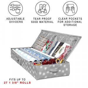 Wrapping Paper Storage Container - Fits up to 27 Rolls 1 3/8” Diam.  Underbed Gift Wrap Organizer Bags, Wrapping Paper Rolls, Ribbon, Bows -  Under Bed