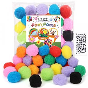 Caydo [200pcs] 100pcs 2 inch Large Pom Poms with 100pcs Wiggle Eyes,  Assorted Colors Craft Pompom Balls for DIY Crafts Projects Decorations