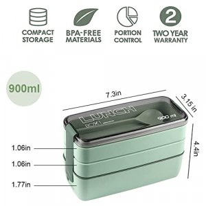 Bento Box for Adults, 3-In-1 Meal Prep Container, 900ML Janpanese Lunch Box  with Compartment, Wheat Straw, Leak-proof, Spoon & Fork, BPA-free (Green)