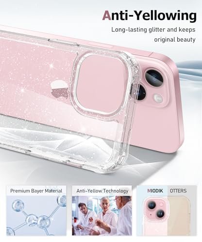 5 in 1 Compatible with iPhone 15 Case Glitter, with 2X Screen Protector +  2X Camera Lens Protector, [Non-Yellowing] Clear Sparkle Slim Shockproof