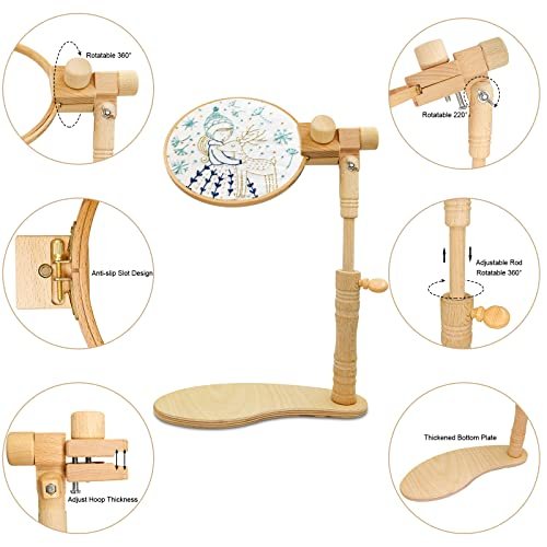 guofa Embroidery Stand - Adjustable Rotated Cross Stitch Stand Lap Beech Wood Embroidery Hoop Holder Hands Free Needlepoint Frame Stand for Art Craft