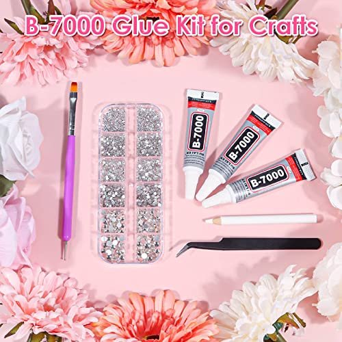 Audab B7000 Jewelry Adhesive Glue with Rhinestones for Crafts 2100Pcs Flat Back Gems Crystal Rhinestones with Tweezer Dotting Tools Clear Glue for D