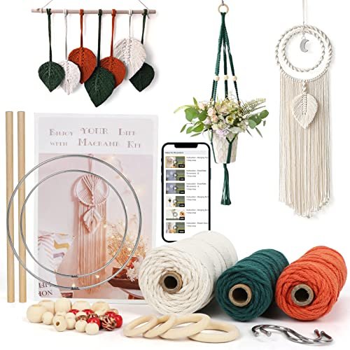 Macrame Kits for Adults Beginners, DIY Macrame Plant Hanger Kit and Macrame  Supplies, with 3 mm Macrame Cord Cotton, Macrame Meads, Wooden Rings