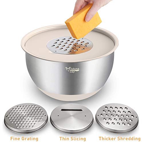 Wildone Mixing Bowls Set of 5, Stainless Steel Nesting Bowls with Lids, 3  Grater Attachments, Measurement Marks & Non-Slip Bottoms, Size 5, 3, 2,  1.5