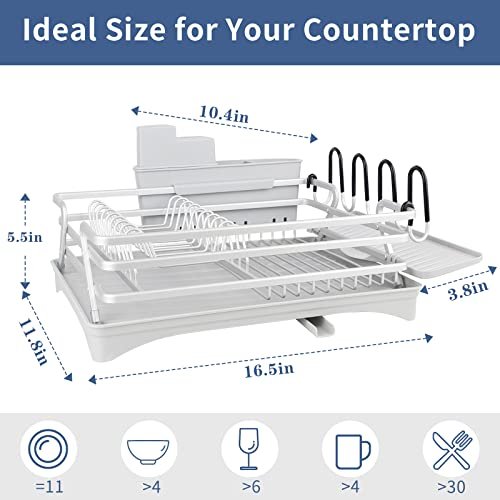 Aluminum Dish Drying Rack, ROTTOGOON Rustproof Dish Rack and Drainboard Set  with Drainage, Utensil Holder, Cup Holder, Compact Dish Drainer for