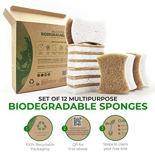 12 Pack Dish Sponge Eco Friendly Kitchen Sponge Natural Biodegradable  Sponges for Dishes, Plant Based Reusable Sponges for Sustainable Living  with
