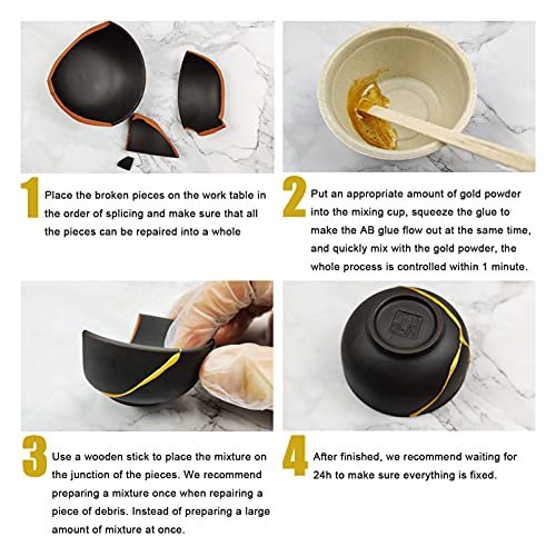 MUFUN Kintsugi Repair Kit, Repair Your Meaningful Pottery with Gold Powder Glue - Comes with Two Practice Ceramic Cups for Starter