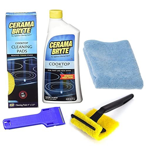 Cerama Bryte - Cooktop Cleaning Kit - Includes 10 oz. Bottle of Cerama  Bryte Cooktop Cleaner, 2 Cleaning Pads, 1 POW-R Grip Pad Tool and 1 Scraper  packed in Reusable Container 