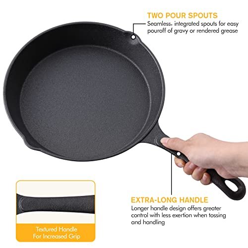 Cast Iron Skillet - 8-Inch Frying Pan with Pour Spouts + Silicone