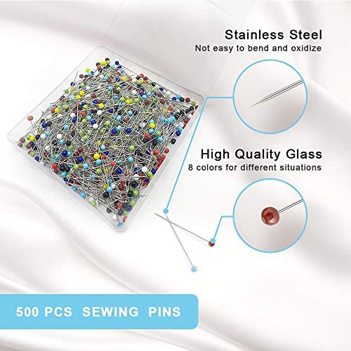 500PCS Sewing Pins for Fabric, Straight Pins With Colored Ball Glass Heads  Long 1.5inch 