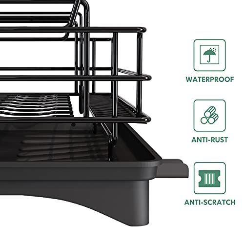 MAJALiS Kitchen Dish Drying Rack, Large Dish Drainers for Kitchen Counter,  Rust-Proof Dish Strainer Rack with Utensil Holder and Dryer Mat (Black 