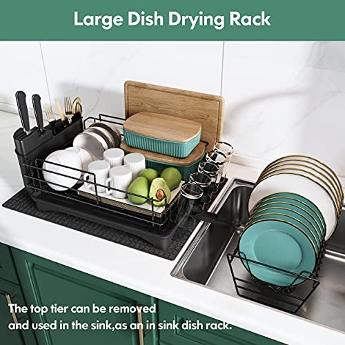 Kitchen Height Adjustable Dish Drainer 2 Tier Large Dish Drying Rack with 2  Drainboards for Kitchen