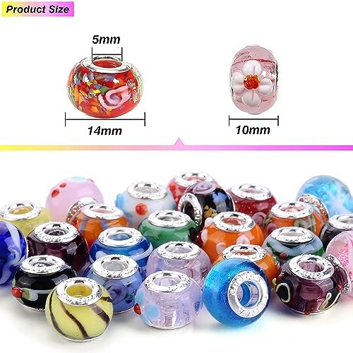 RUBYCA Murano Beads for Jewelry Making Large Hole Glass Beads for European  Snake Chain Bracelets Making White Silver Core Lampwork Spacer 50 Pcs Mix