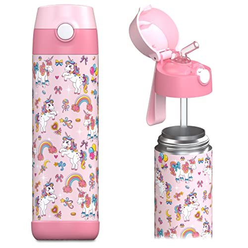 XccMe Kids Stainless Steel Water Bottle 16oz Kids water bottle for School  Insulated Kids Thermos with Straw Lid Silicone Boot 16 Personalize Dinosaur  Stickers and Paracord Handle(Pink)
