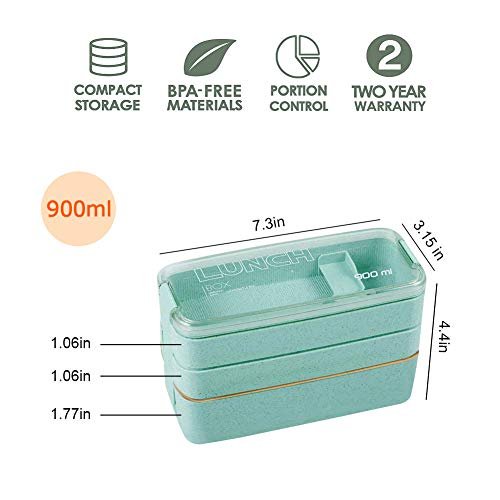 Bento Box, 3-In-1 Meal Prep Container, 900ML Janpanese Lunch Box with  Compartment, Wheat Straw, Leak-proof, with Spoon & Fork, BPA-free, Green