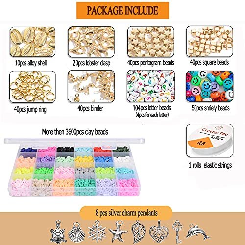 Clay Beads for Bracelet Making, Flat Round Polymer Clay Beads 6mm Spacer  Beads with Pendant Charms Kit and Elastic Strings for Jewelry Making Kit  Bracelets Necklace