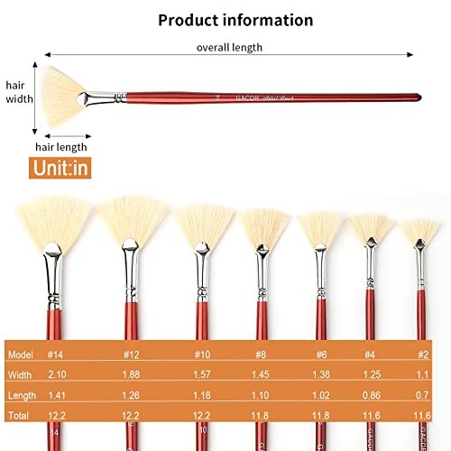 GACDR Fan Brush for Painting, 7 Pieces Fan Brush Set with Hog Bristle Natural Hair and Long Wood Handle, Professional Artist Fan Brushes for Acrylic