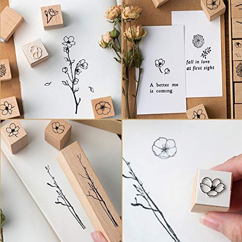 Dizdkizd 8 Pieces Wood Mounted Rubber Stamps Plant and Flower Decorative Wooden Rubber Stamp Set for DIY Craft Diary and Craft Scrapbooking