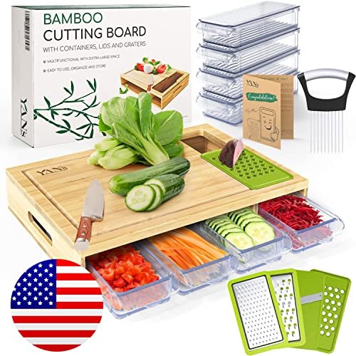 COMELLOW Bamboo Cutting Board with Containers, Lids, and Graters, Large  Wood Cutting Board with Containers, Food Dropping Zone, Carving Board with