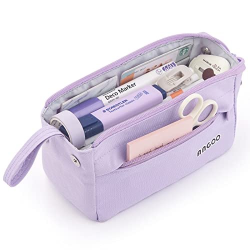 ANGOOBABY Large Capacity Pencil Case Durable Pen Pouch Portable Pencil Bag  with Handle for School Teen Girl Boy Men Women Adults purple