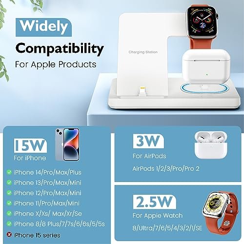 Wireless Charger, 3 in 1 Wireless Charging Station, Fast Wireless Charger  Stand for iPhone 15 14 13 12 11 Pro Max XR XS 8 Plus, for Apple Watch 8 7 6
