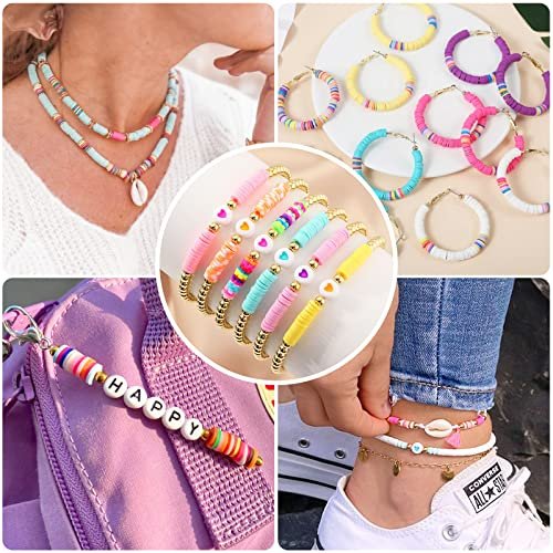 1 Box Clay Beads for Jewelry Making Bracelet Kit,Flat Round Polymer Heishi Clay  Beads with Pendant and Jump Rings Letter Beads for Bracelets Necklace  Earring DIY Craft-24 Colors 6mm