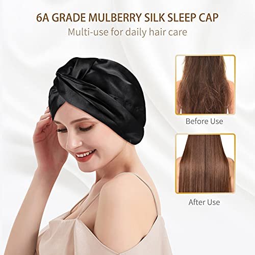 Olesilk 22 Momme Silk-Bonnet For Sleeping, 22 Momme 100% Mulberry Silk Sleep Cap For Women, Silk Hair Wrap For Curly Hair, Black